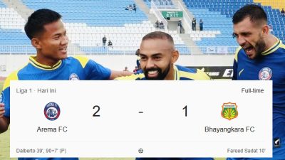 Arema FC Raih Kemenangan Dramatis atas Bhayangkara FC, Puncaki Klasemen
