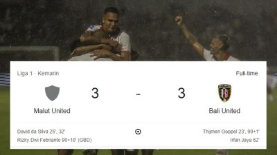 Hasil Super League – Malut United 3-3 Bali United